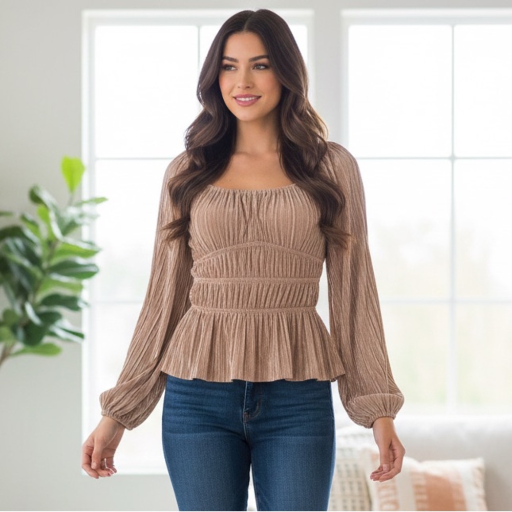 Express Metallic Square Neck Long Sleeve Blouse Gold Shimmer XS